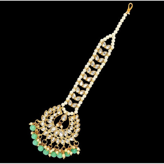 indoraa Women's Green Color Imitation Pearl &amp; Kundan Maang Tikka