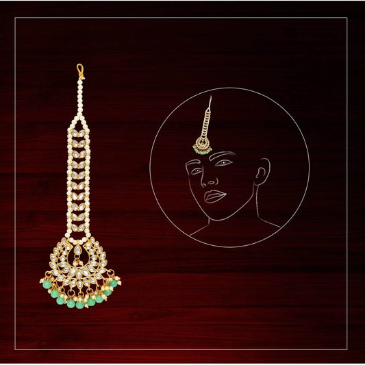 indoraa Women's Green Color Imitation Pearl &amp; Kundan Maang Tikka