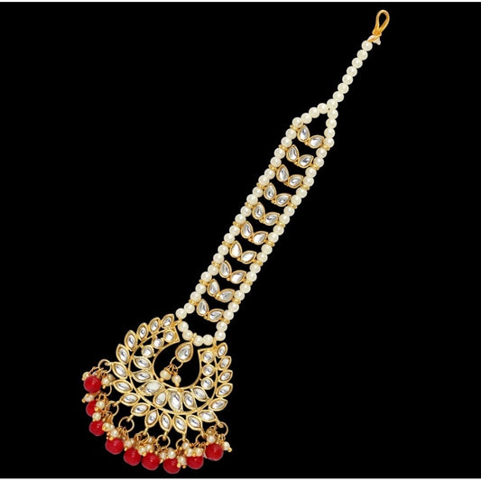 indoraa Women's Red Color Imitation Pearl &amp; Kundan Maang Tikka