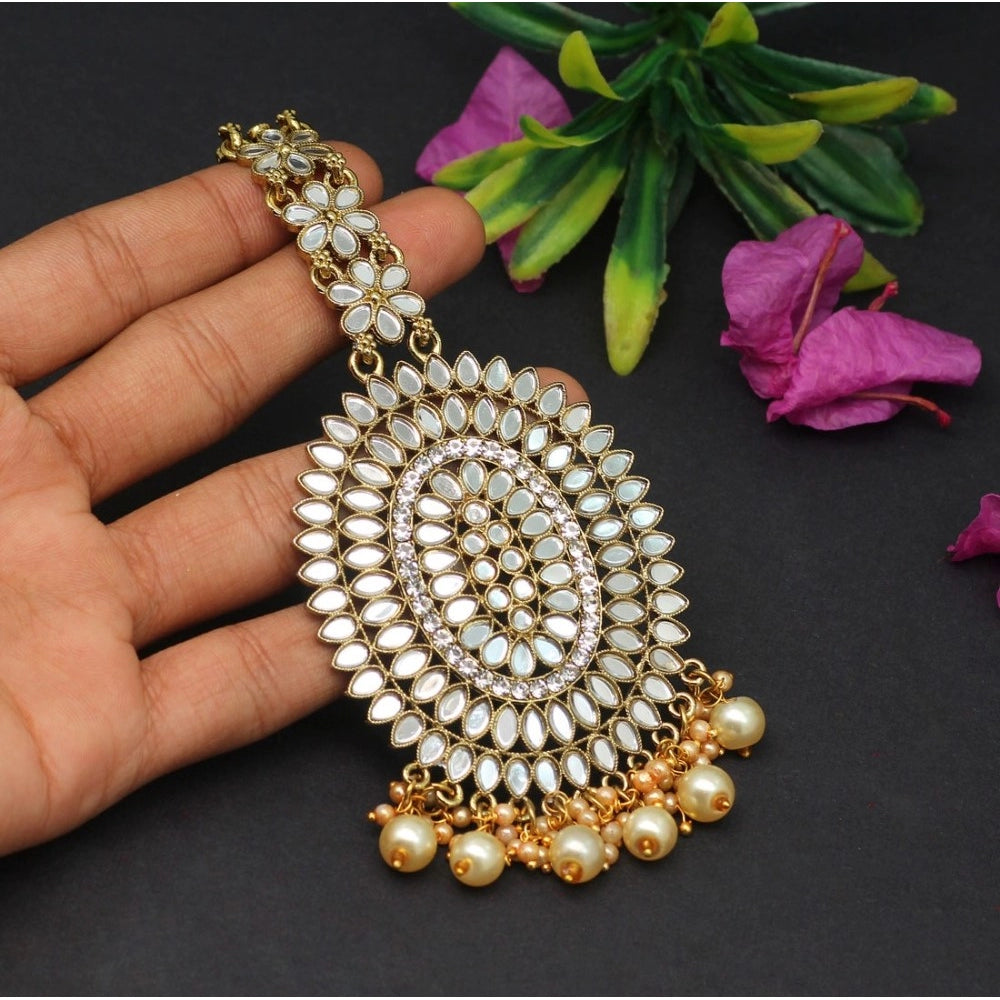 indoraa Women's Gold Color Mirror Work Maang Tikka