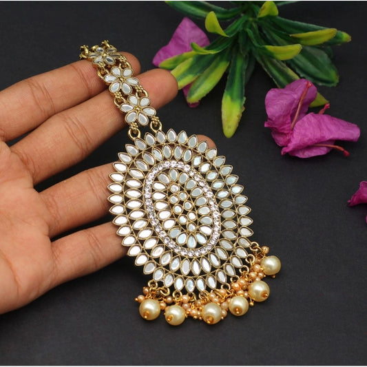 indoraa Women's Gold Color Mirror Work Maang Tikka