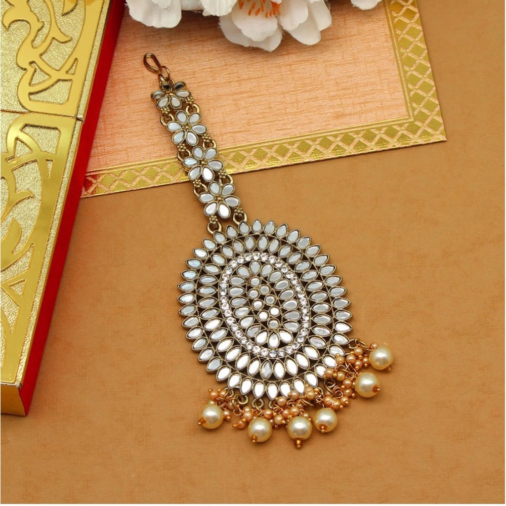 indoraa Women's Gold Color Mirror Work Maang Tikka