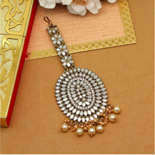 indoraa Women's Gold Color Mirror Work Maang Tikka