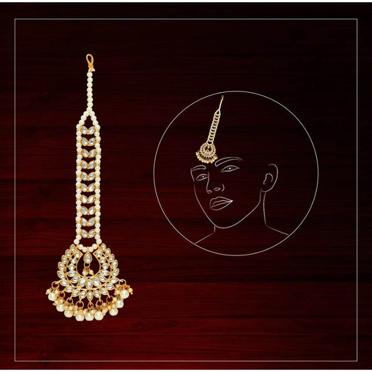 indoraa Women's White Color Imitation Pearl &amp; Kundan Maang Tikka