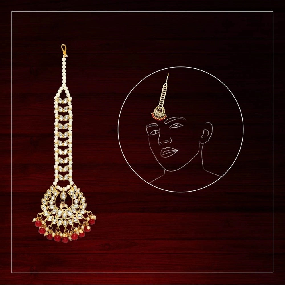 indoraa Women's Red Color Imitation Pearl &amp; Kundan Maang Tikka