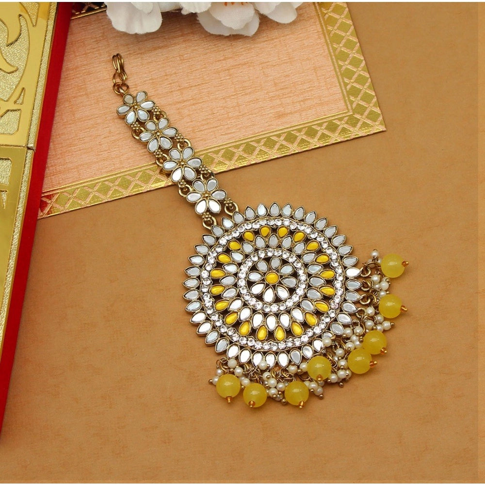indoraa Women's Yellow Color Mirror Work Maang Tikka