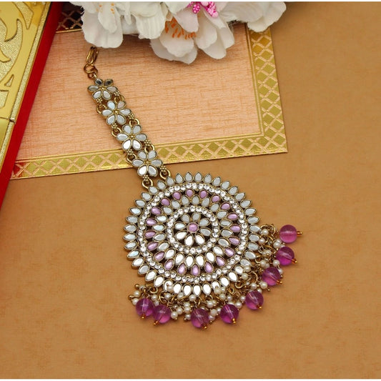 indoraa Women's Purple Color Mirror Work Maang Tikka
