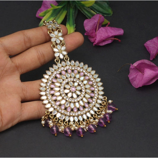 indoraa Women's Purple Color Mirror Work Maang Tikka