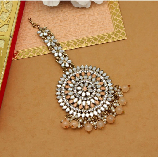 indoraa Women's Peach Color Mirror Work Maang Tikka