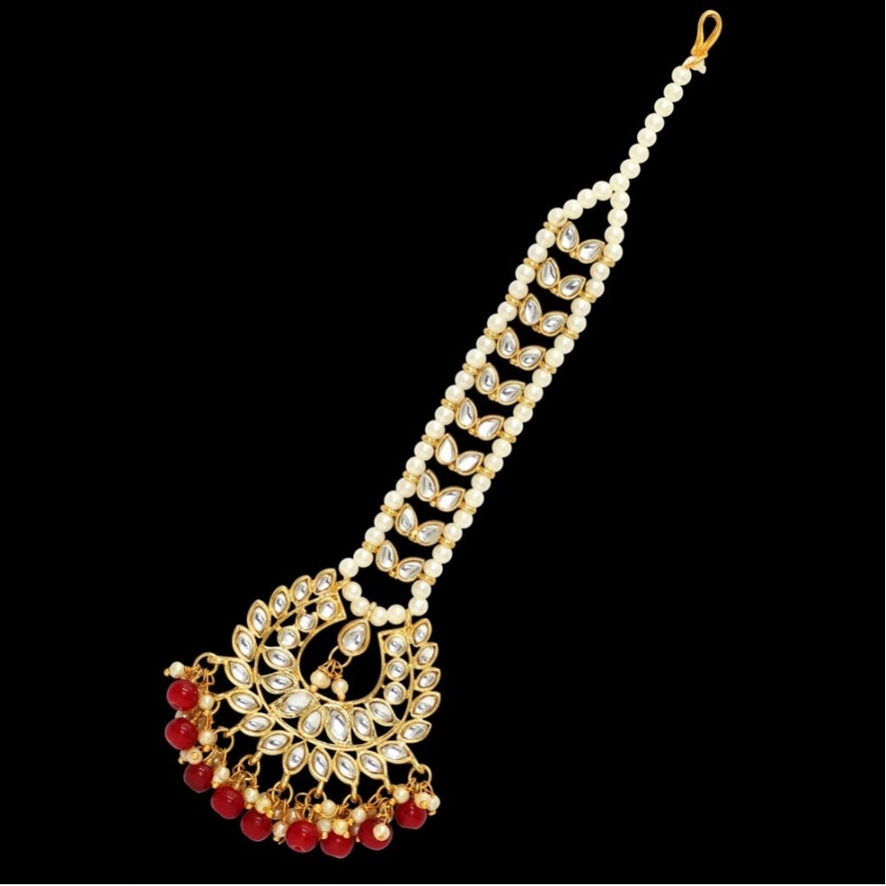 indoraa Women's Maroon Color Imitation Pearl &amp; Kundan Maang Tikka