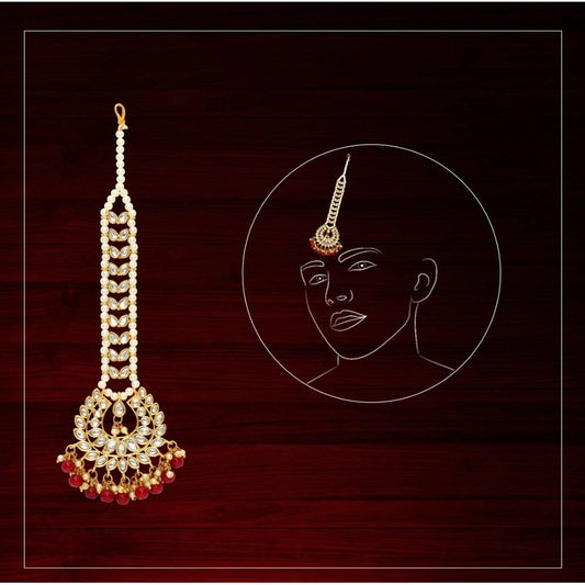 indoraa Women's Maroon Color Imitation Pearl &amp; Kundan Maang Tikka