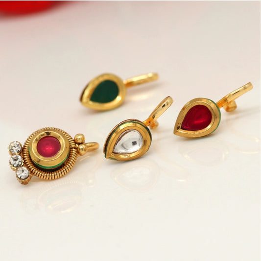 indoraa Women's Multi Color Kundan Nose Pin Combo Of 4 Pieces