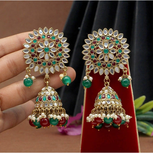 indoraa Women's Maroon &amp; Green Color Mirror Earrings
