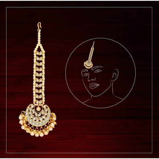 indoraa Women's Gold Color Imitation Pearl &amp; Kundan Maang Tikka