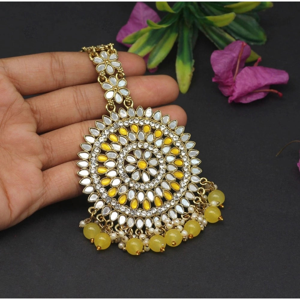 indoraa Women's Yellow Color Mirror Work Maang Tikka