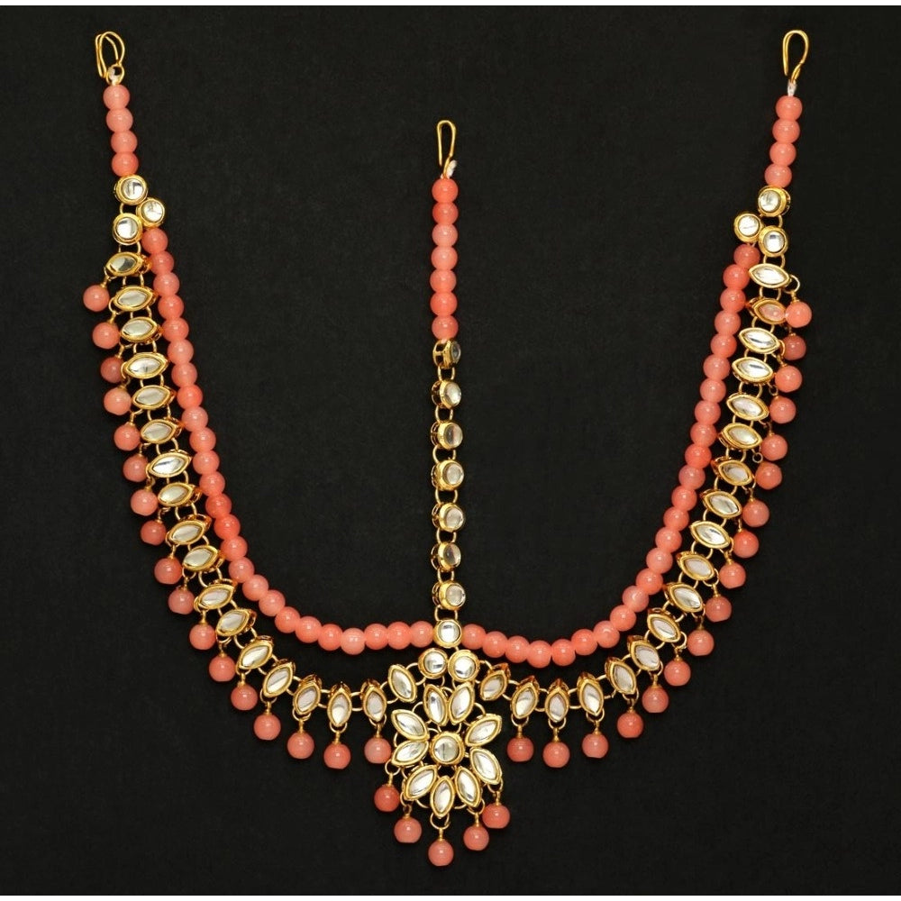 indoraa Women's Peach Color Kundan Work Matha Patti