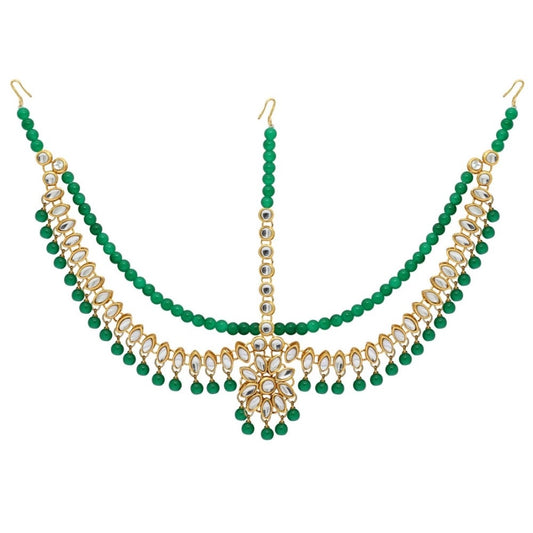 indoraa Women's Green Color Imitation Pearl &amp; Kundan Work Matha Patti