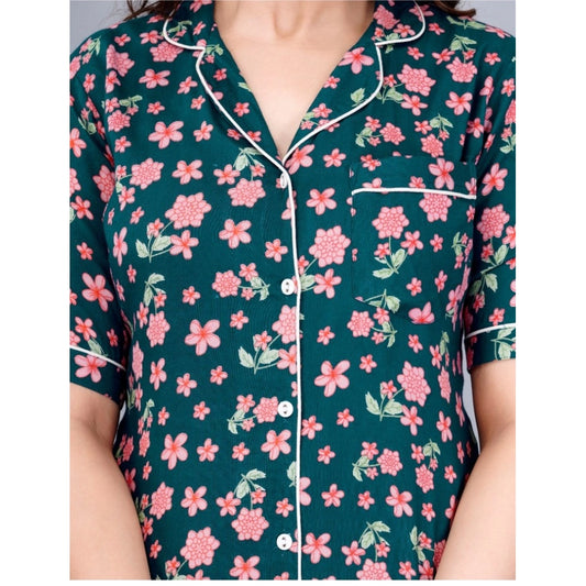 Indoraa Women's Casual Half Sleeve Printed Viscose Rayon Shirt With Pyjama Pant Night Suit Set (Teal)