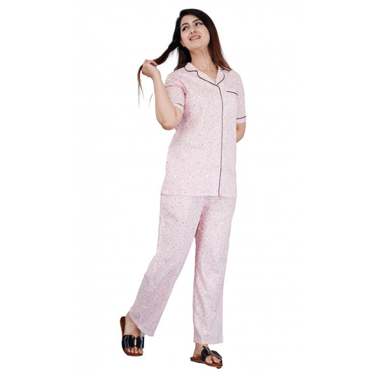 Indoraa Women's Casual Half Sleeve Printed Viscose Rayon Shirt With Pyjama Pant Night Suit Set (Pink)