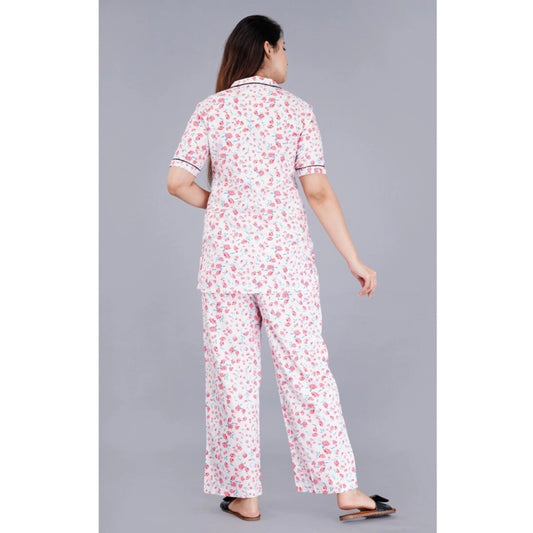 Indoraa Women's Casual Half Sleeve Printed Viscose Rayon Shirt With Pyjama Pant Night Suit Set (Baby Pink)