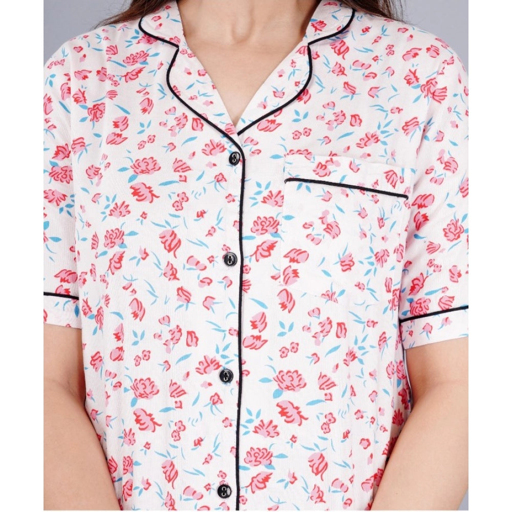 Indoraa Women's Casual Half Sleeve Printed Viscose Rayon Shirt With Pyjama Pant Night Suit Set (Baby Pink)