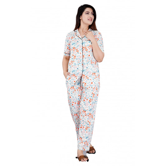 Indoraa Women's Casual Half Sleeve Printed Viscose Rayon Shirt With Pyjama Pant Night Suit Set (White)
