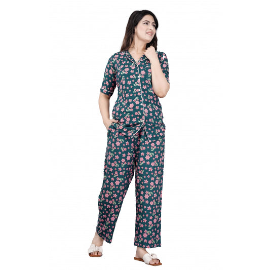 Indoraa Women's Casual Half Sleeve Printed Viscose Rayon Shirt With Pyjama Pant Night Suit Set (Teal)