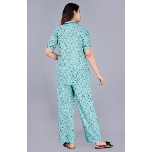 Indoraa Women's Casual Half Sleeve Printed Viscose Rayon Shirt With Pyjama Pant Night Suit Set (Green)