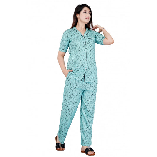 Indoraa Women's Casual Half Sleeve Printed Viscose Rayon Shirt With Pyjama Pant Night Suit Set (Green)