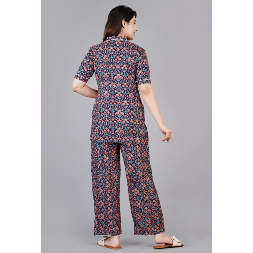 Indoraa Women's Casual Half Sleeve Printed Viscose Rayon Shirt With Pyjama Pant Night Suit Set (Blue)