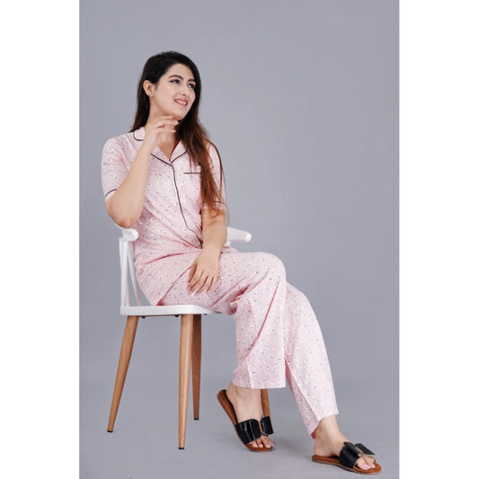 Indoraa Women's Casual Half Sleeve Printed Viscose Rayon Shirt With Pyjama Pant Night Suit Set (Pink)