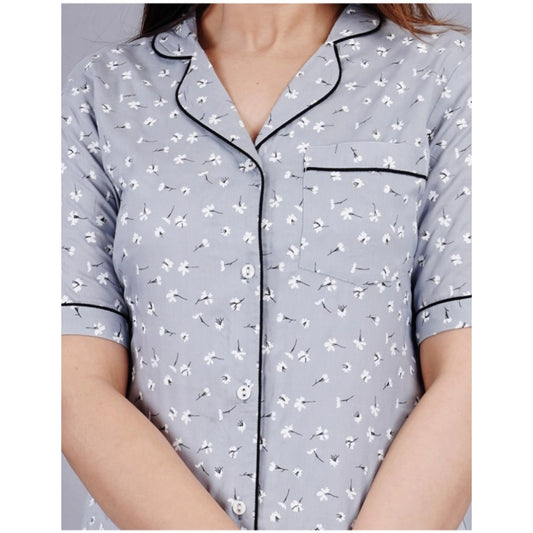 Indoraa Women's Casual Half Sleeve Printed Viscose Rayon Shirt With Pyjama Pant Night Suit Set (Grey)