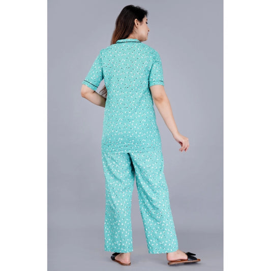 Indoraa Women's Casual Half Sleeve Printed Viscose Rayon Shirt With Pyjama Pant Night Suit Set (Green)
