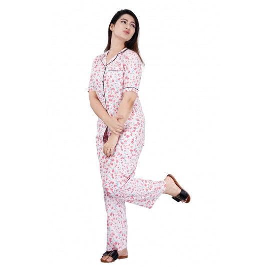 Indoraa Women's Casual Half Sleeve Printed Viscose Rayon Shirt With Pyjama Pant Night Suit Set (Baby Pink)