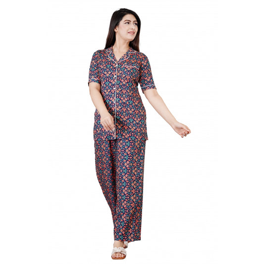 Indoraa Women's Casual Half Sleeve Printed Viscose Rayon Shirt With Pyjama Pant Night Suit Set (Blue)