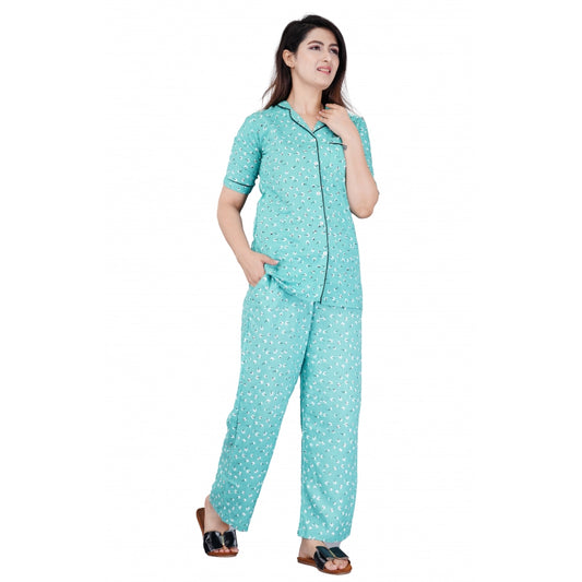 Indoraa Women's Casual Half Sleeve Printed Viscose Rayon Shirt With Pyjama Pant Night Suit Set (Green)