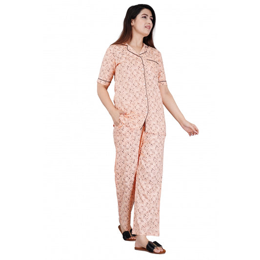 Indoraa Women's Casual Half Sleeve Printed Viscose Rayon Shirt With Pyjama Pant Night Suit Set (Peach)