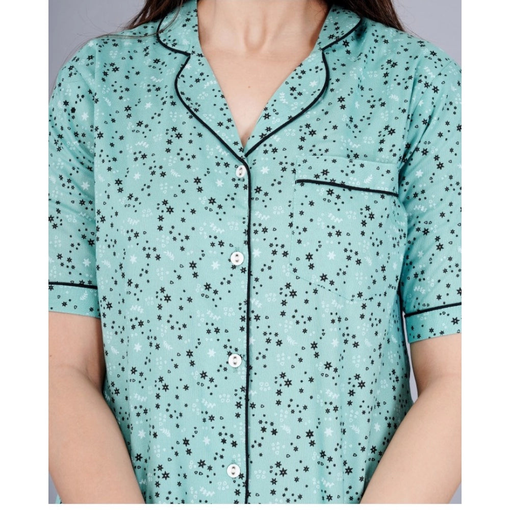 Indoraa Women's Casual Half Sleeve Printed Viscose Rayon Shirt With Pyjama Pant Night Suit Set (Green)