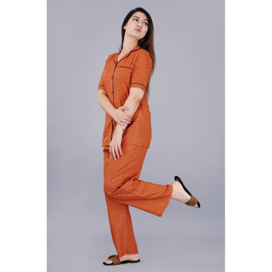 Indoraa Women's Casual Half Sleeve Printed Viscose Rayon Shirt With Pyjama Pant Night Suit Set (Brown)