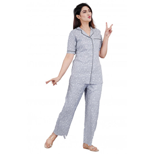 Indoraa Women's Casual Half Sleeve Printed Viscose Rayon Shirt With Pyjama Pant Night Suit Set (Grey)