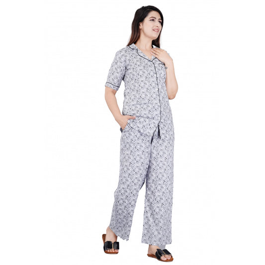 Indoraa Women's Casual Half Sleeve Printed Viscose Rayon Shirt With Pyjama Pant Night Suit Set (Grey)