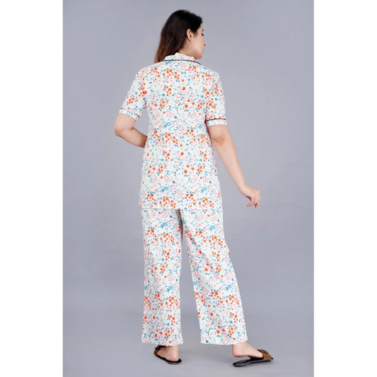 Indoraa Women's Casual Half Sleeve Printed Viscose Rayon Shirt With Pyjama Pant Night Suit Set (White)