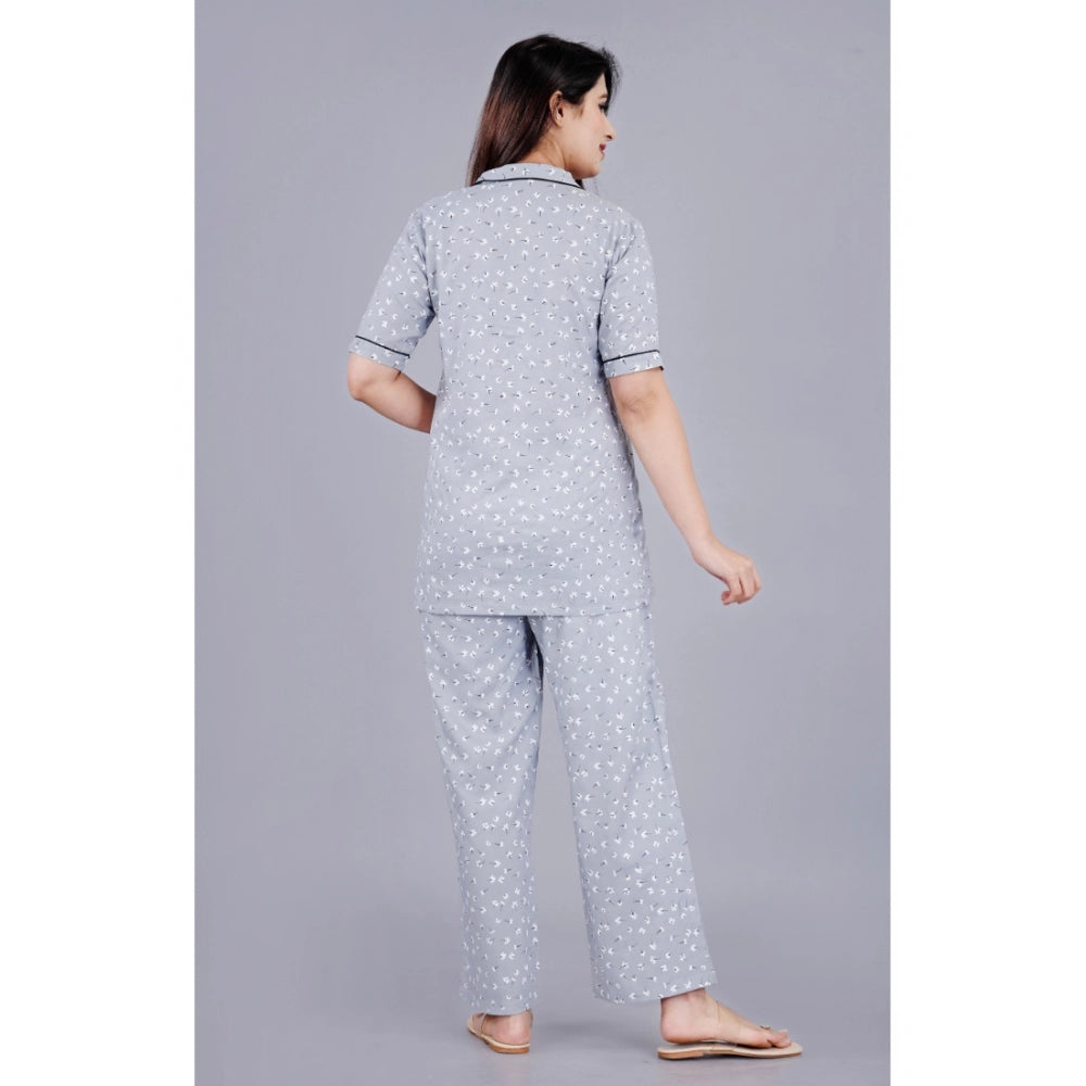 Indoraa Women's Casual Half Sleeve Printed Viscose Rayon Shirt With Pyjama Pant Night Suit Set (Grey)