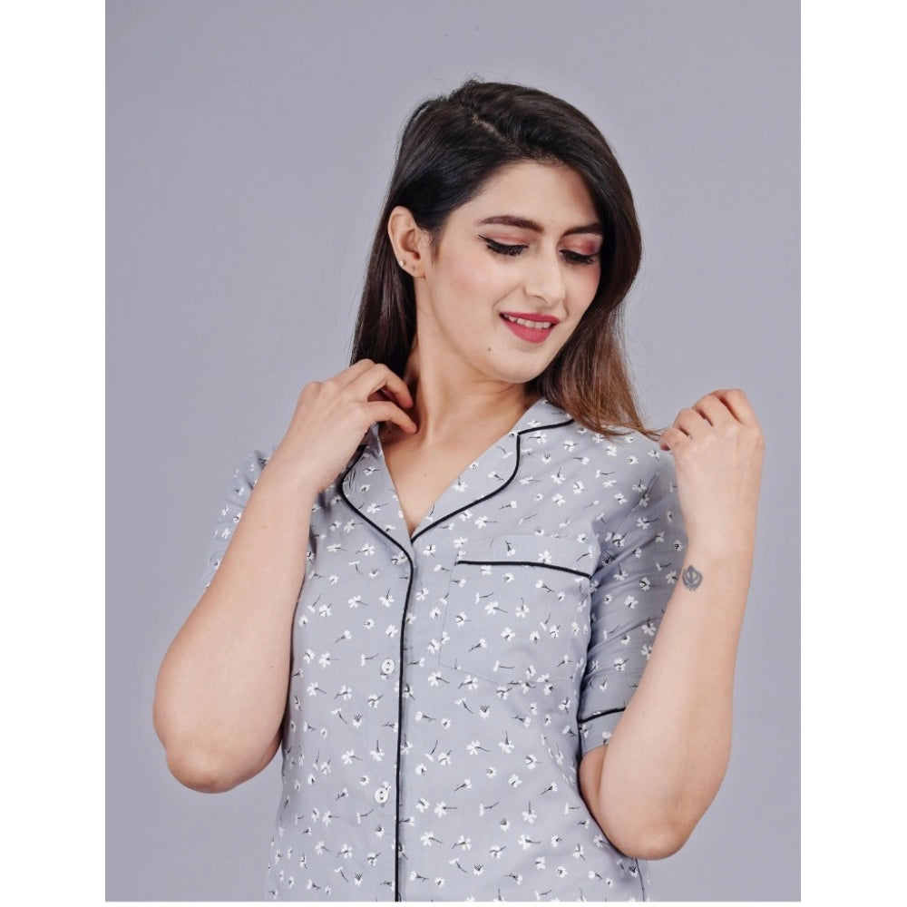 Indoraa Women's Casual Half Sleeve Printed Viscose Rayon Shirt With Pyjama Pant Night Suit Set (Grey)