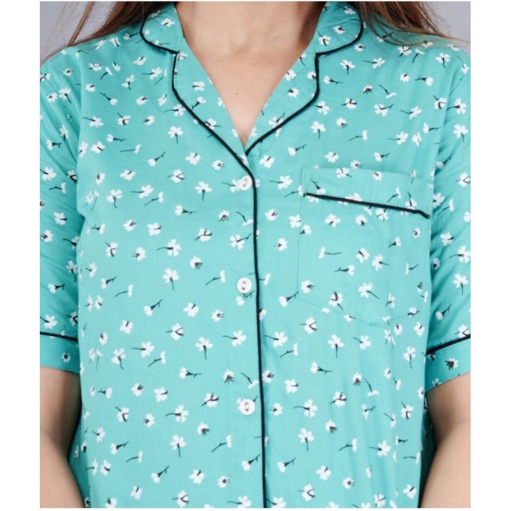 Indoraa Women's Casual Half Sleeve Printed Viscose Rayon Shirt With Pyjama Pant Night Suit Set (Green)