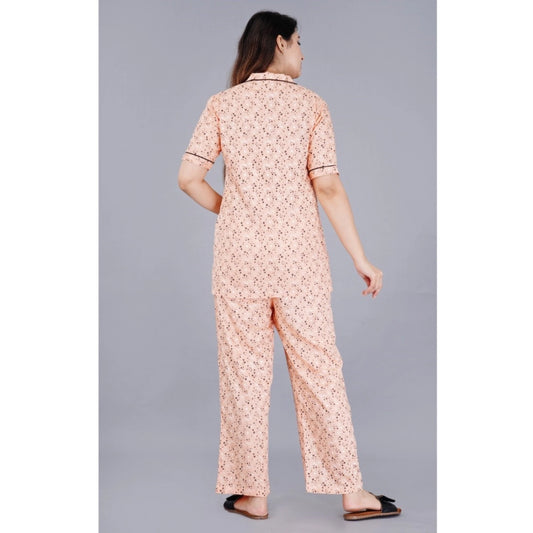 Indoraa Women's Casual Half Sleeve Printed Viscose Rayon Shirt With Pyjama Pant Night Suit Set (Peach)