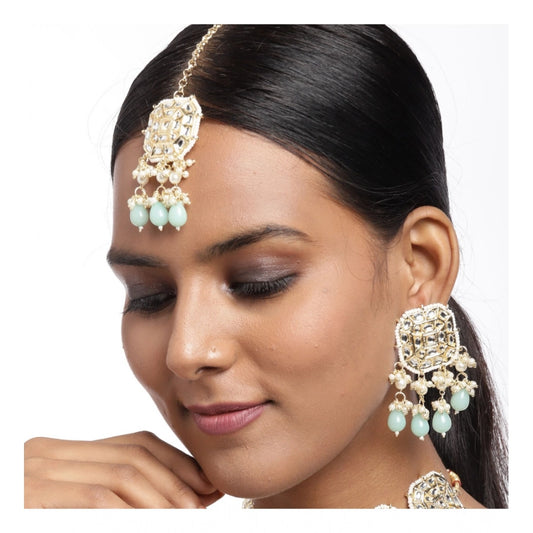 indoraa Women's Rose Gold Plated Alloy Kundan Earrings &amp; Mangtikka (White)