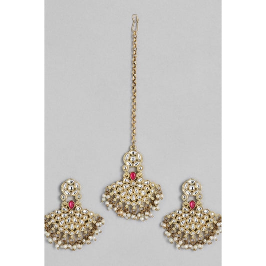 indoraa Women's Rose Gold Plated Alloy Kundan Earrings &amp; Mangtikka (White)