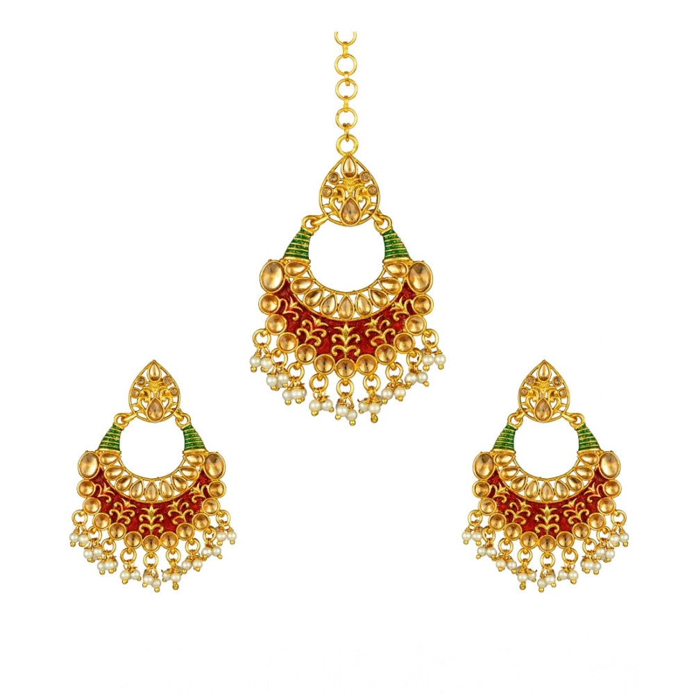 indoraa Women's Rose Gold Plated Alloy Kundan Earrings &amp; Mangtikka (Red &amp; Green)