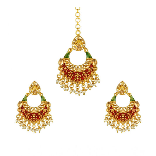 indoraa Women's Rose Gold Plated Alloy Kundan Earrings &amp; Mangtikka (Red &amp; Green)